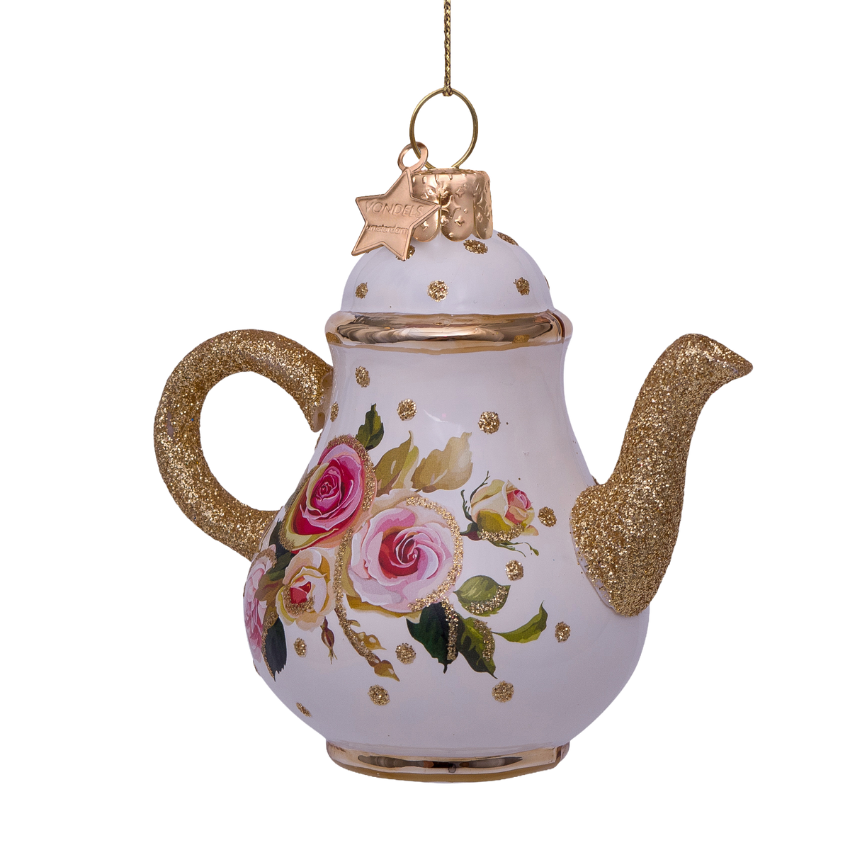 Kerst Ornament Theepot Wit met Bloemenprint - Vondels