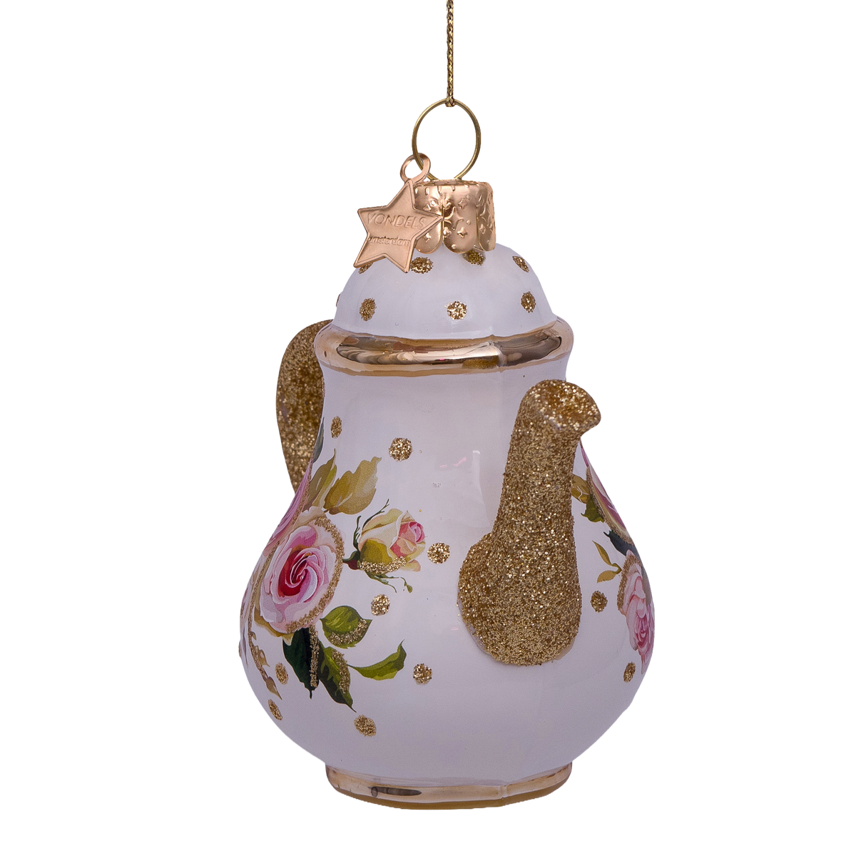 Kerst Ornament Theepot Wit met Bloemenprint - Vondels