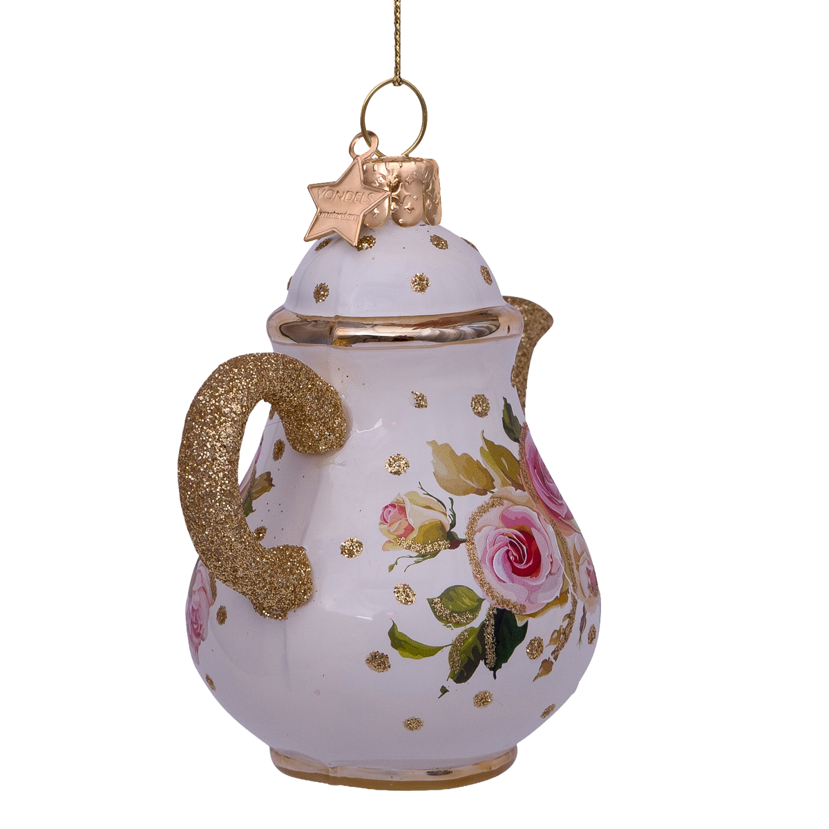 Kerst Ornament Theepot Wit met Bloemenprint - Vondels